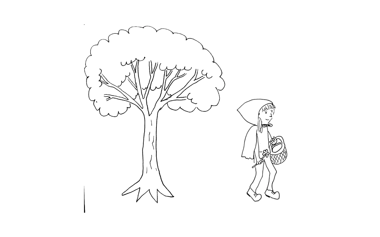 illustration: arbre avec une personne avec un capuchon et un petit panier.