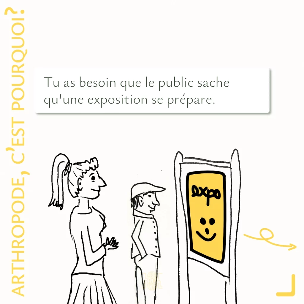Tu as besoin que le public sache qu'une exposition se prépare.
Image d'une femme et un homme en face d'un panneau d'affichage sur lequel est inscrit "expo"