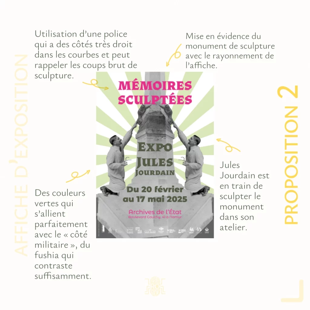 Affiche d'exposition - Proposition 2
Utilisation d'une police qua a des côtés très droits dans les courbes et peut rappeler les coups brut de sculpture.
Mise en évidence du monument de sculpture avec le rayonnement de l'affiche.
Des couleurs verts qui s'allient parfaitement avec le "côté militaire", du fushia qui contraste suffisamment.
Jules Jourdain est en train de sculpter le monument dans son atelier.