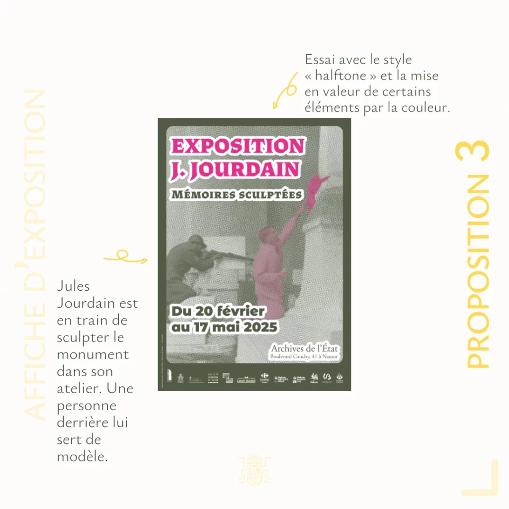 Affiche d'exposition - proposition 3
Essai avec le style "halftone" et la mise en valeur de certains éléments par la couleur.
Jules Jourdain est en train de sculpter le monument dans son atelier. Une personne derrière lui sert de modèle.