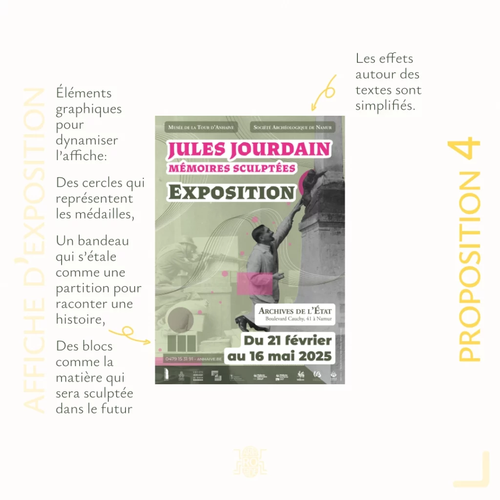 Affiche d'exposition - proposition 4
Éléments graphiques pour dynamiser l'affiche:
Des cercles qui représentent les médailles, un bandeaux qui s'étale comme une partition pour raconter une histoire, des blocs comme la matière qui sera sculptée dans le futur.
Les effets autour des textes sont simplifiés.