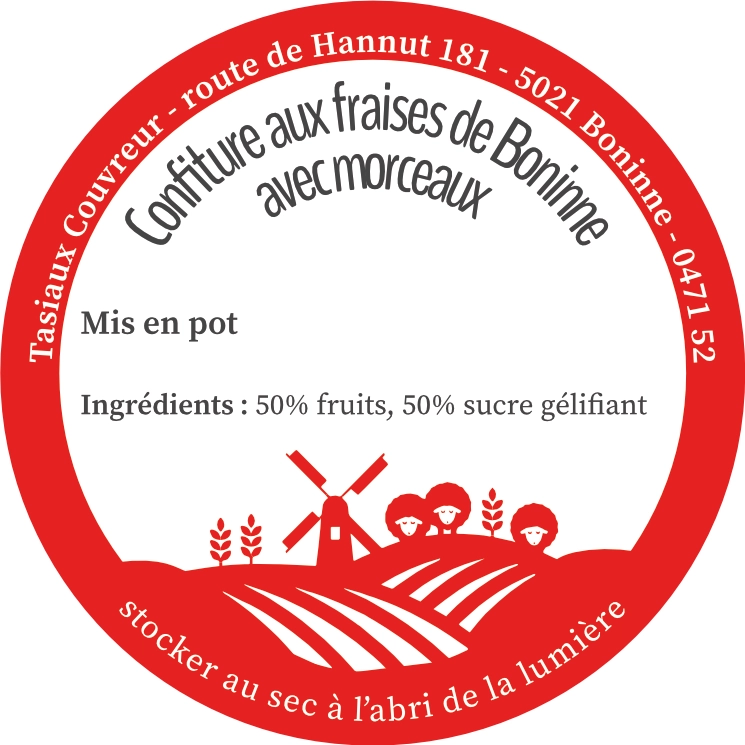 etiquettes de confiture de fraises pour la ferme de Boninne.