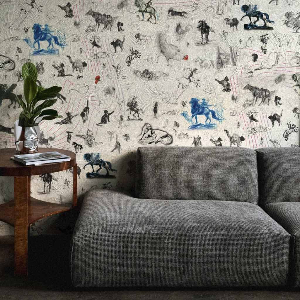 Papier peint avec les esquisses de Jules Jourdain - Mise en situation